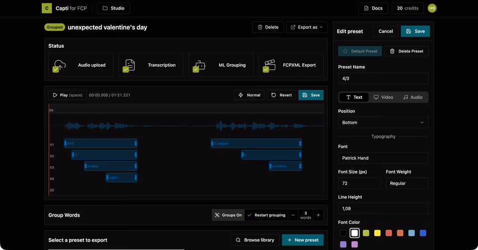 Capti: Caption editor: waveform timeline, word groups and title presets
