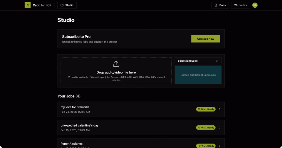 Capti: Studio: drop a file, pick a language, track every job