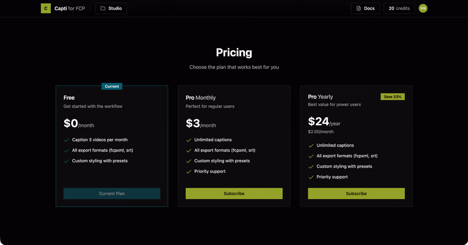 Capti: Pricing: free, monthly and yearly plans