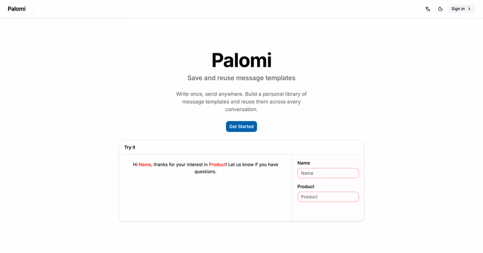 Palomi: Landing: a template before it is filled, its fields highlighted