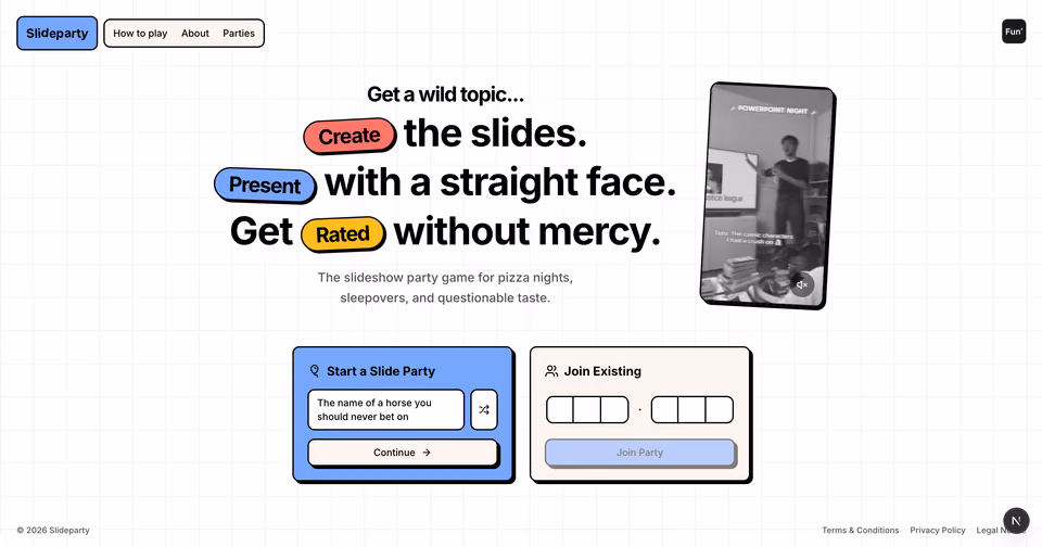 Slideparty: Home: start a party on a random topic, or join one with a code