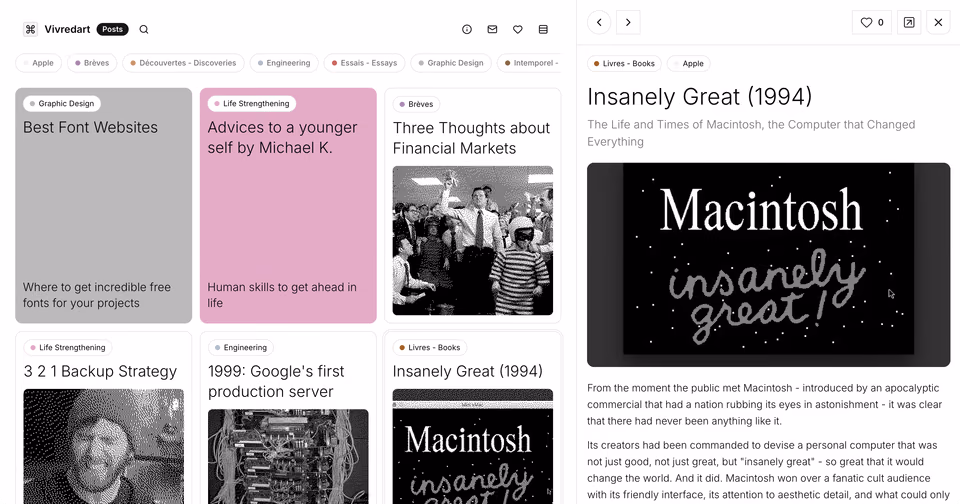 Vivredart: Posts: card grid with a reading pane