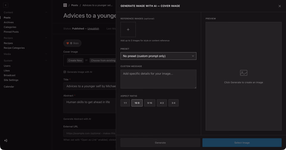 Vivredart: Admin: AI cover image generator