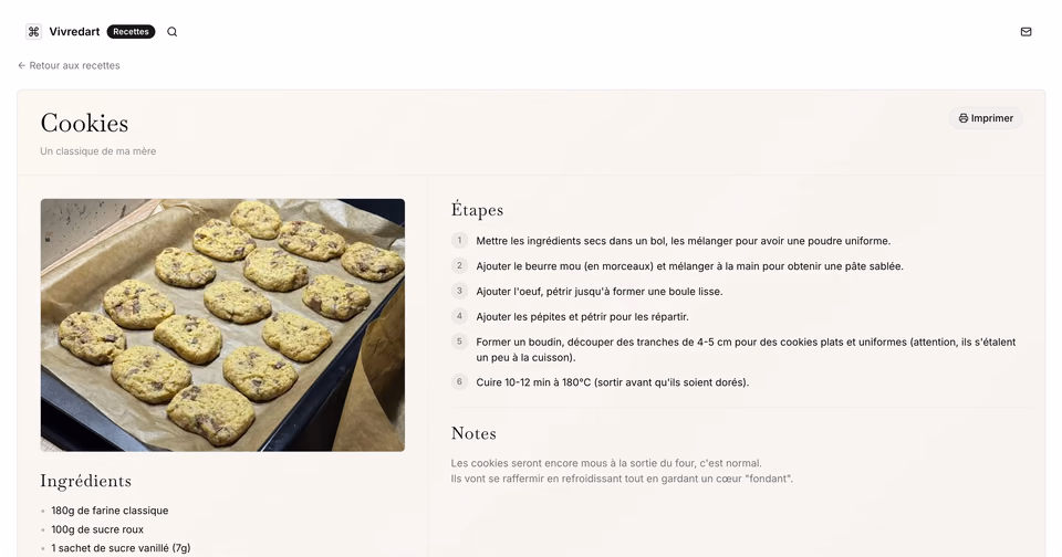 Vivredart: Recipe page: ingredients, steps and notes