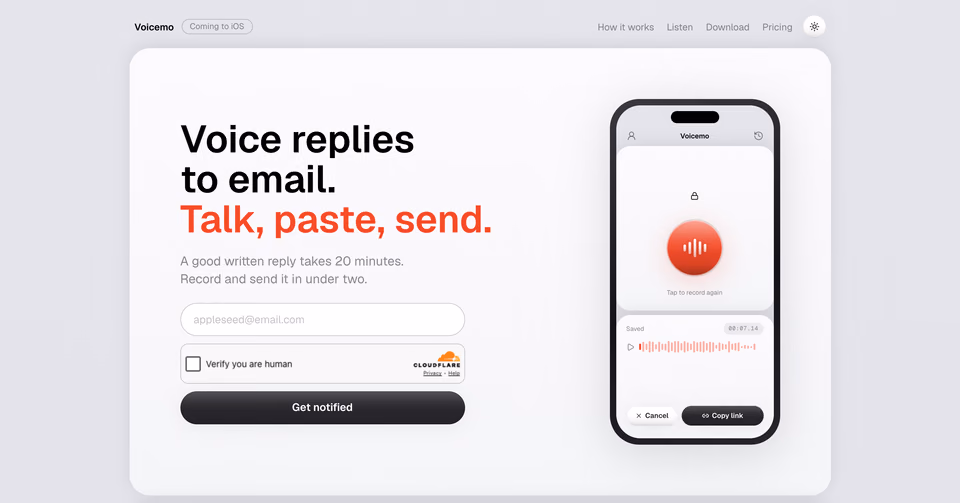 Voicemo: Landing: voice replies to email, coming to iOS