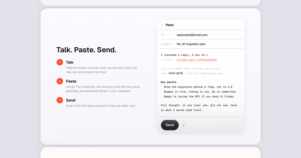 Voicemo: Talk, paste, send: the block that lands in an ordinary reply