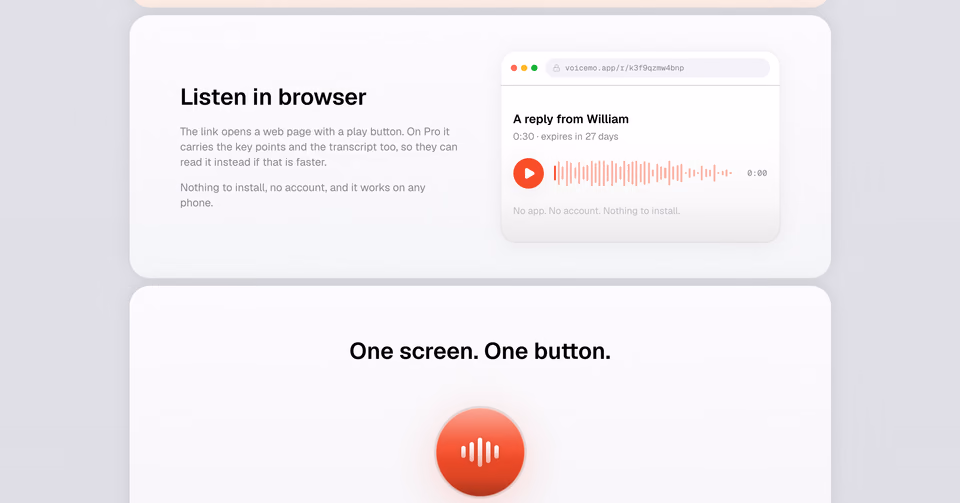 Voicemo: Listen in browser: the page the recipient opens