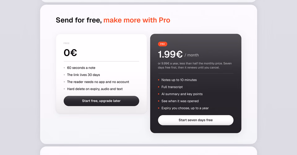 Voicemo: Pricing: free sends the voice, Pro makes it worth the reader's time